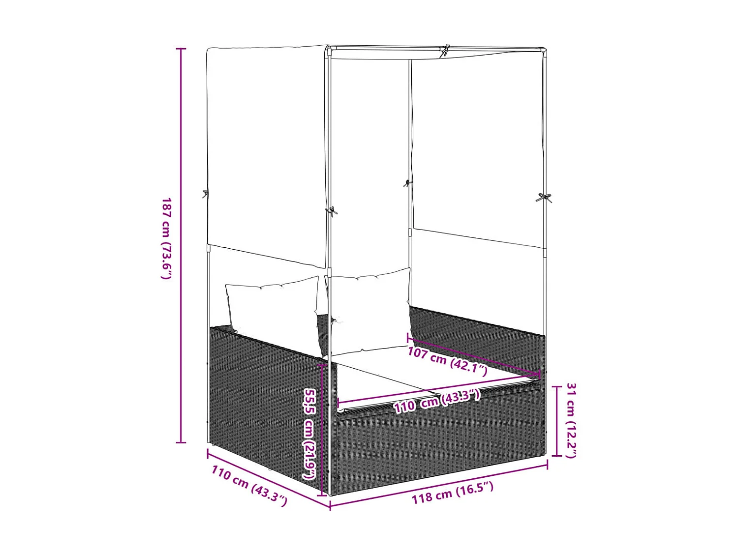 Dubbele chaise longue met dak en gordijnen in lichtgrijs polyrotan