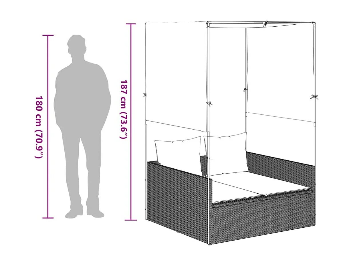 Dubbele chaise longue met dak en gordijnen in lichtgrijs polyrotan