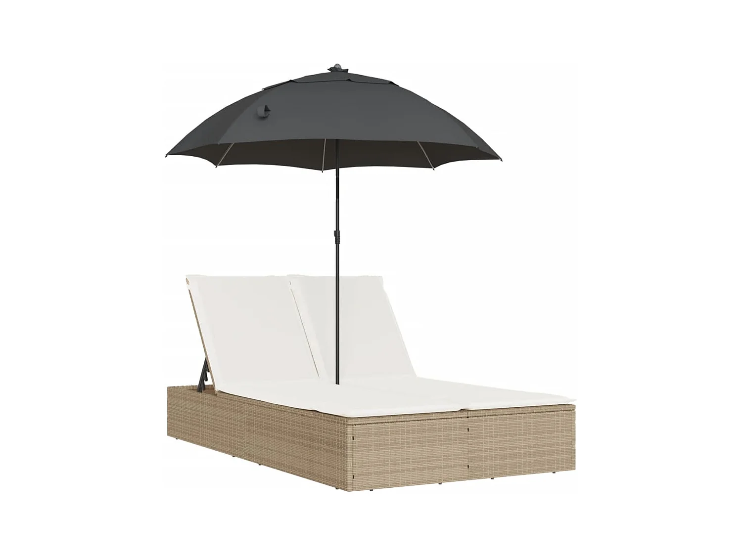 Dubbele loungestoel met kussens en beige polyrotan parasol