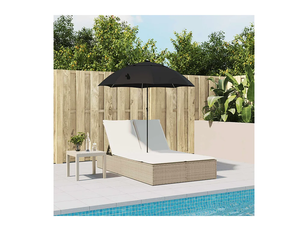 Dubbele loungestoel met kussens en beige polyrotan parasol