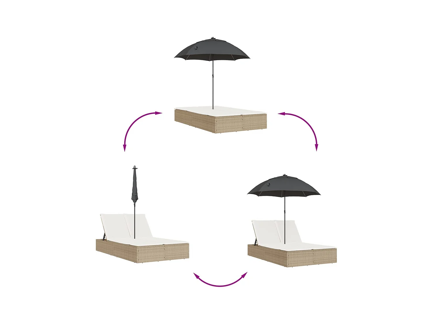 Dubbele loungestoel met kussens en beige polyrotan parasol