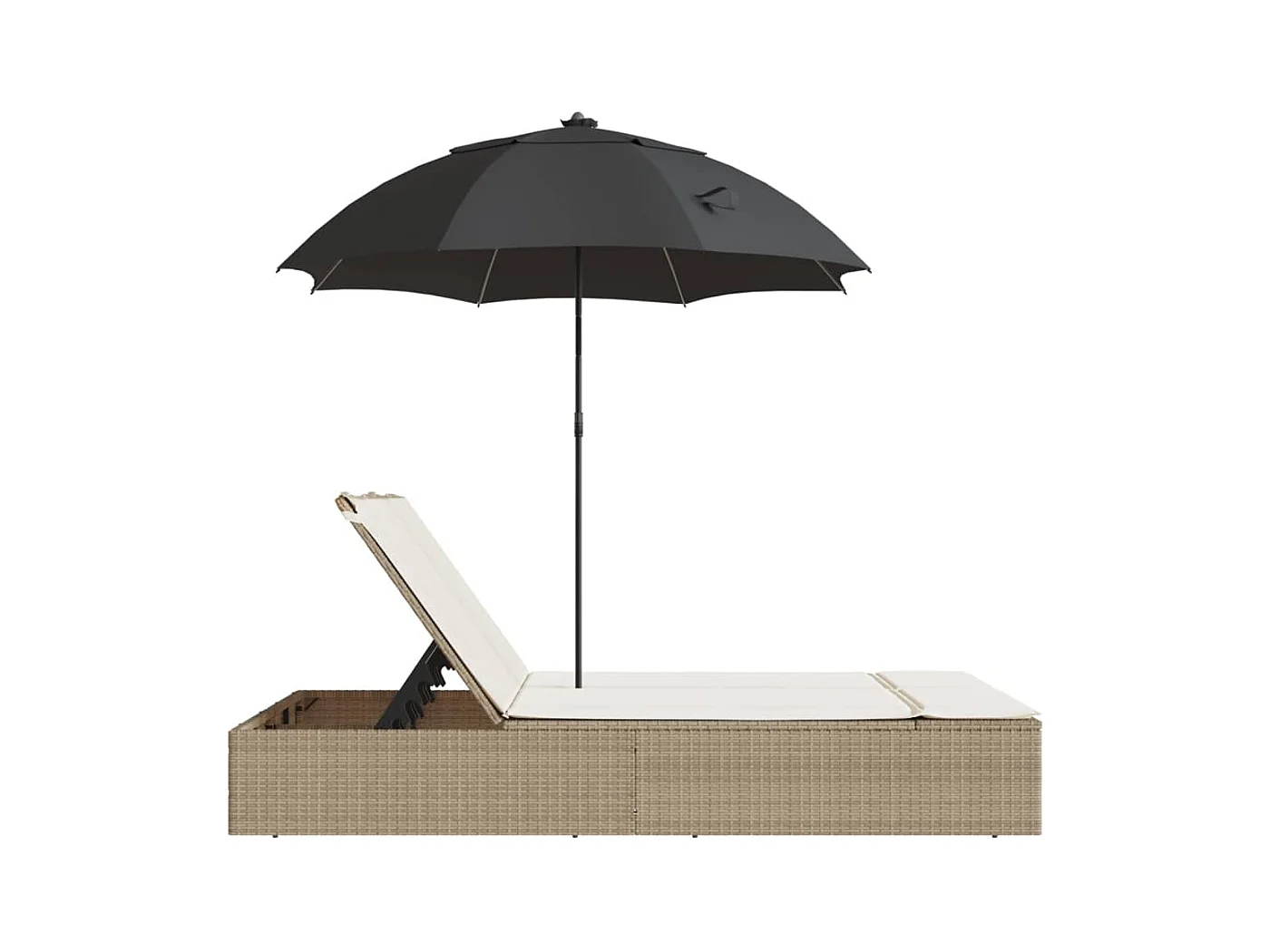 Dubbele loungestoel met kussens en beige polyrotan parasol
