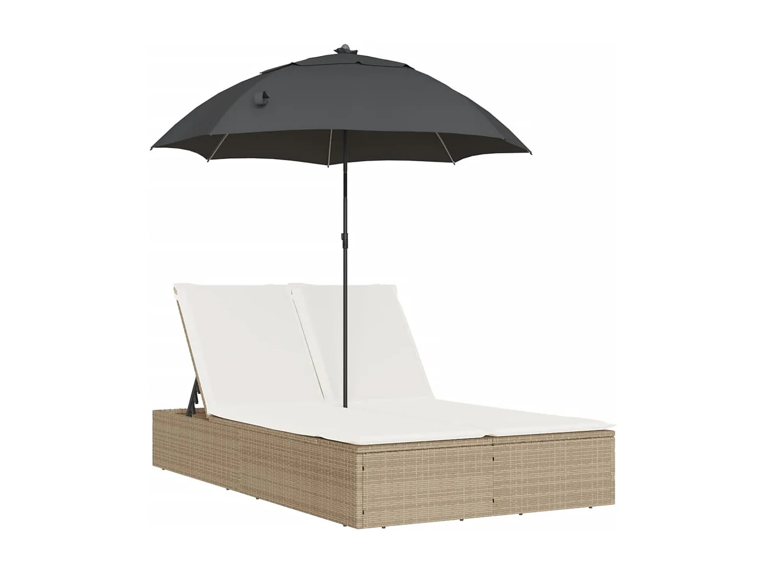 Poltrona doppia con cuscini e ombrellone in polyrattan beige