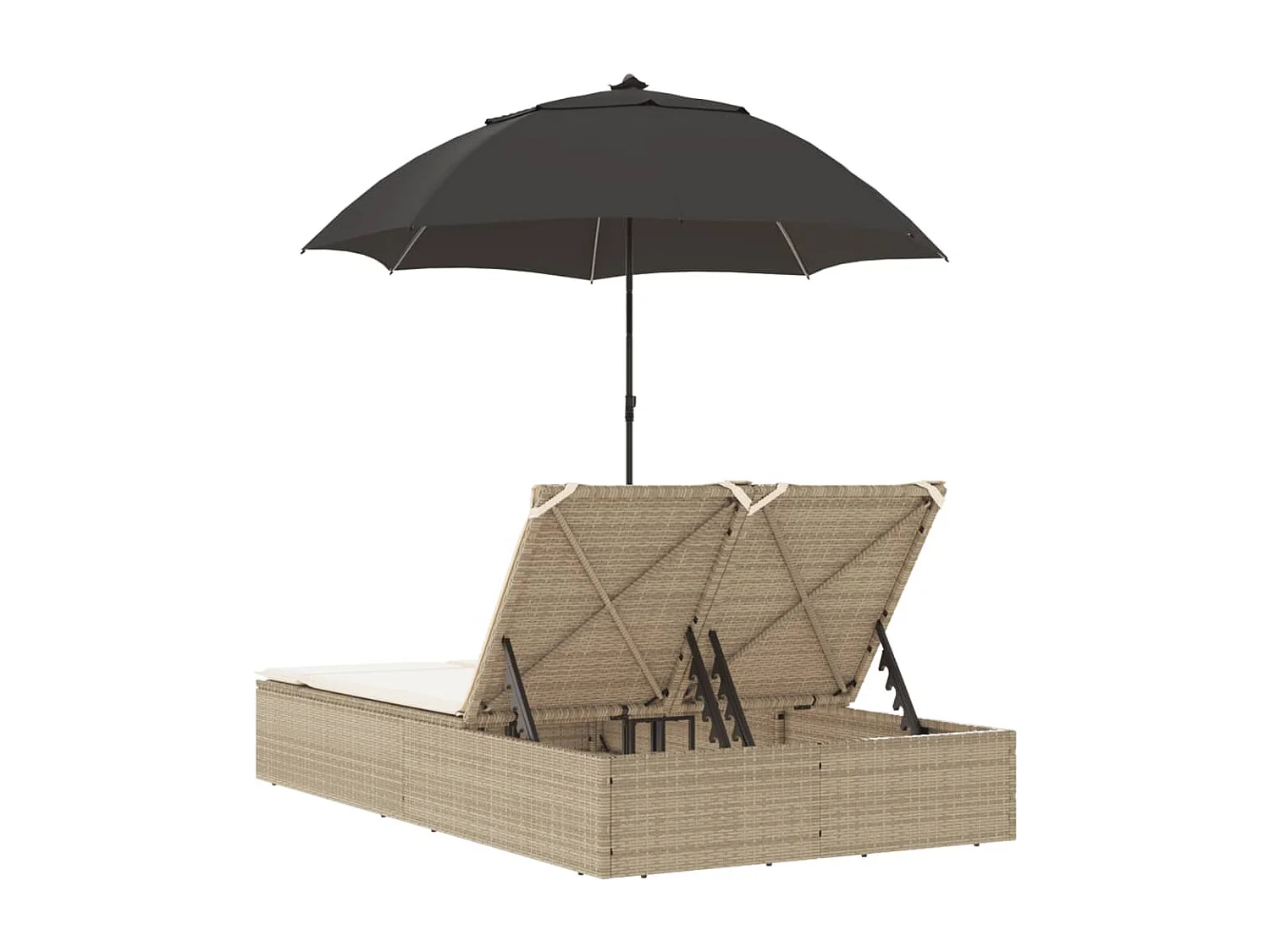 Poltrona doppia con cuscini e ombrellone in polyrattan beige