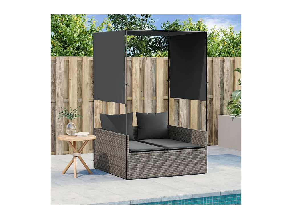 Chaise longue doble con techo y cortinas de resina tejida en color gris