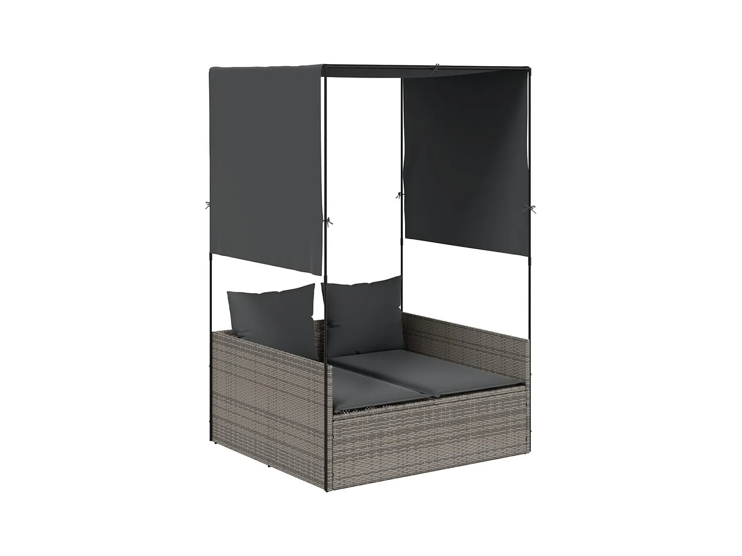 Chaise longue doble con techo y cortinas de resina tejida en color gris