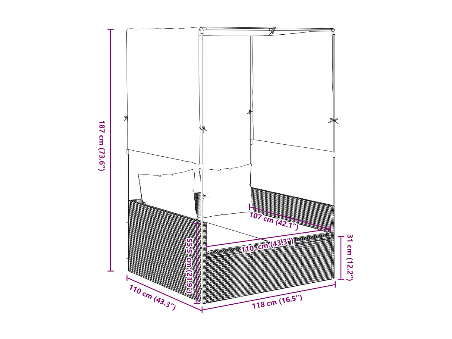 Chaise longue doble con techo y cortinas de resina tejida en color gris