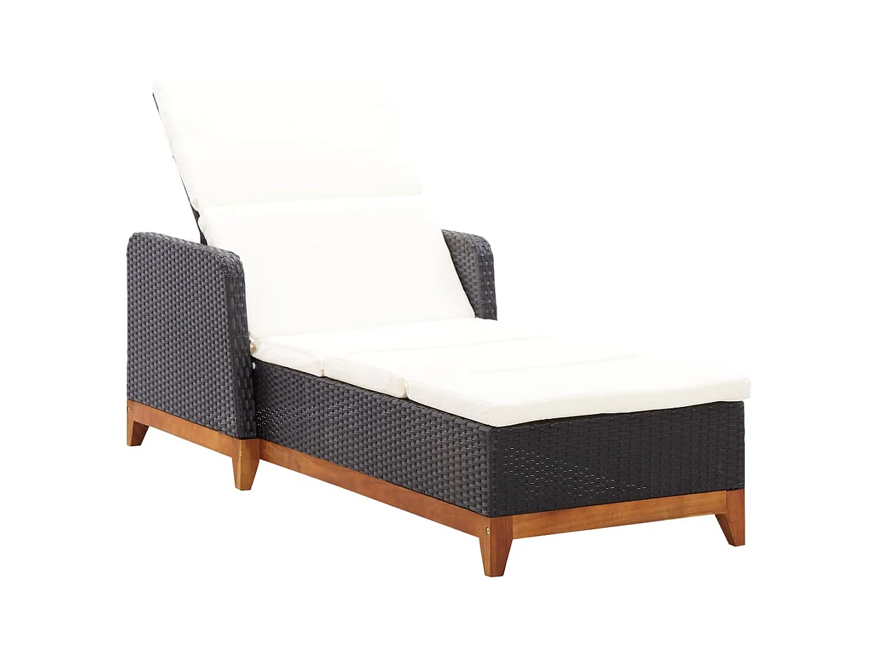 Loungestoel van geweven hars en massief acaciahout, zwart