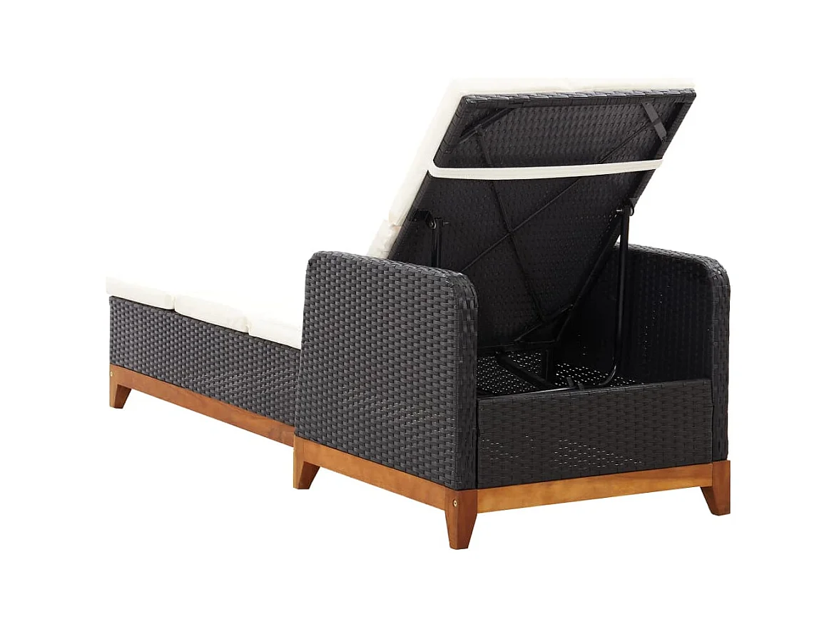 Loungestoel van geweven hars en massief acaciahout, zwart