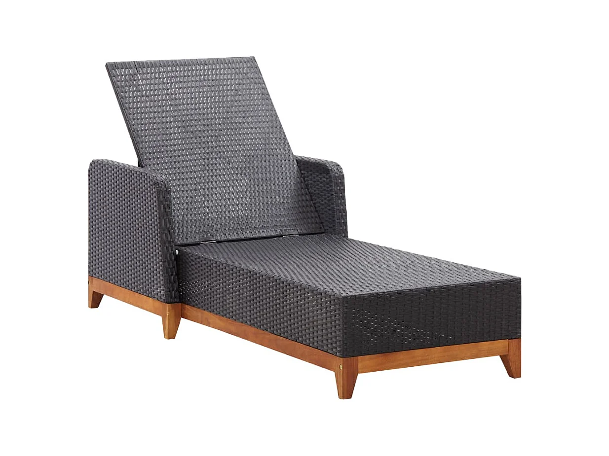 Loungestoel van geweven hars en massief acaciahout, zwart