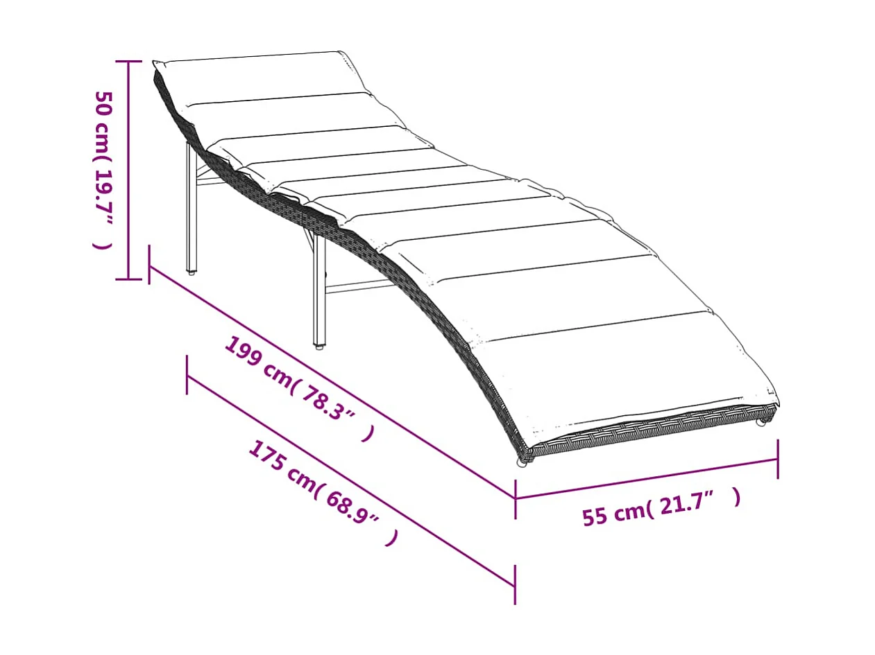 Chaise longue grigio chiaro e cuscino 55x199x50 cm in resina intrecciata