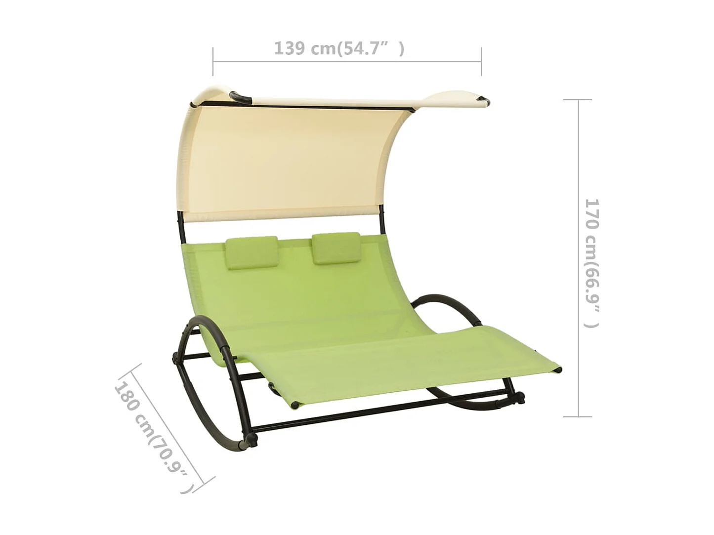 Chaise longue doble con dosel de textilene verde y crema