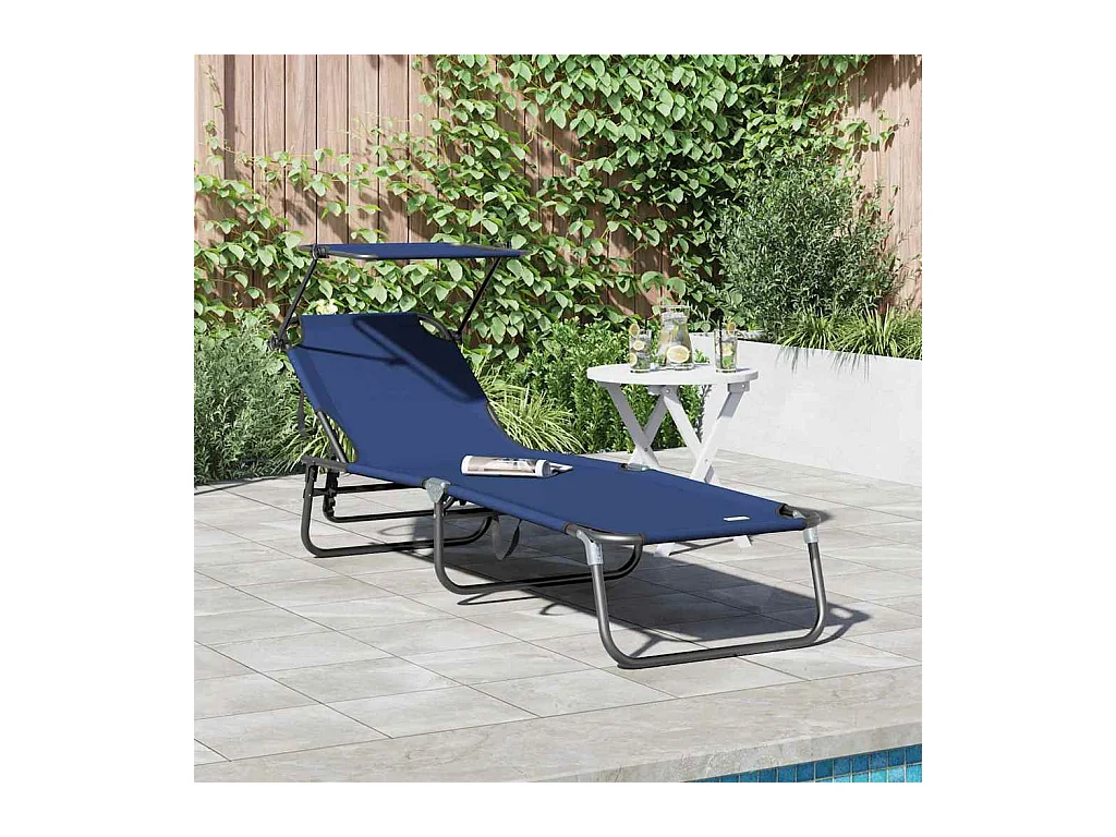Chaise longue pliable avec auvent bleu en tissu oxford 600D
