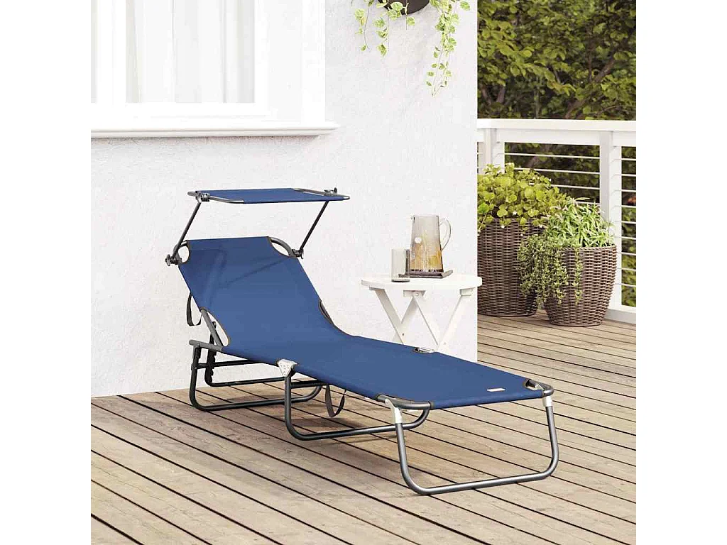 Chaise longue pliable avec auvent bleu en tissu oxford 600D
