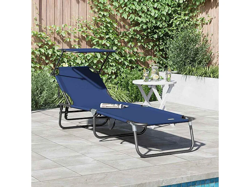 Chaise longue pliable avec auvent bleu en tissu oxford 600D