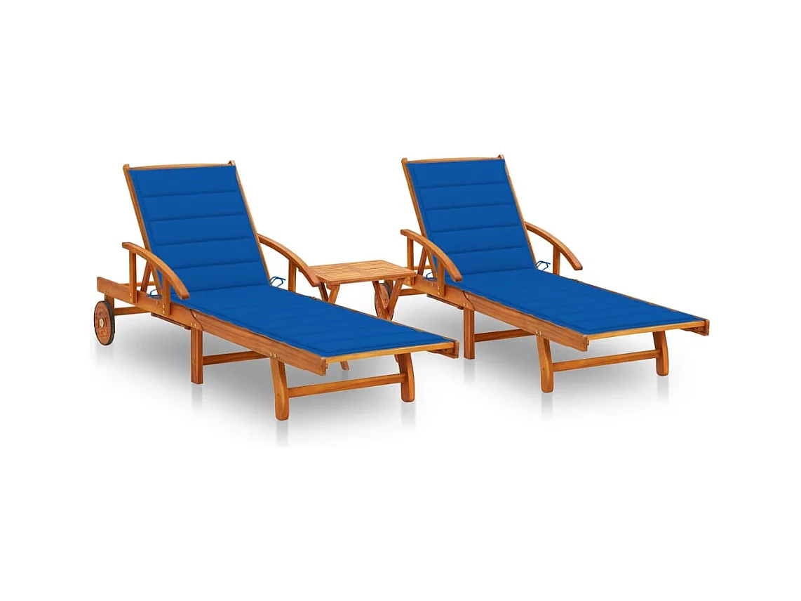 Chaises longues lot de 2 avec table et coussins Acacia solide