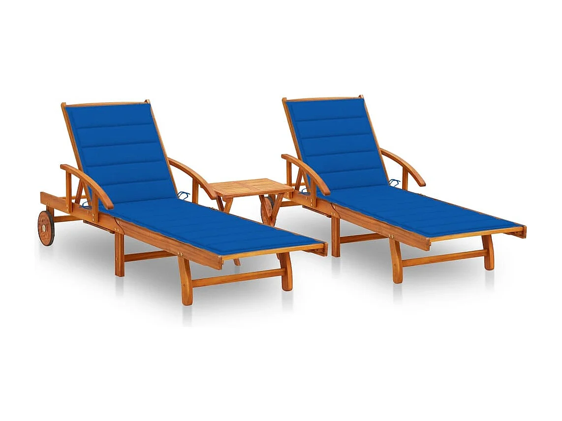Set van 2 ligstoelen met tafel en kussens Massief acacia