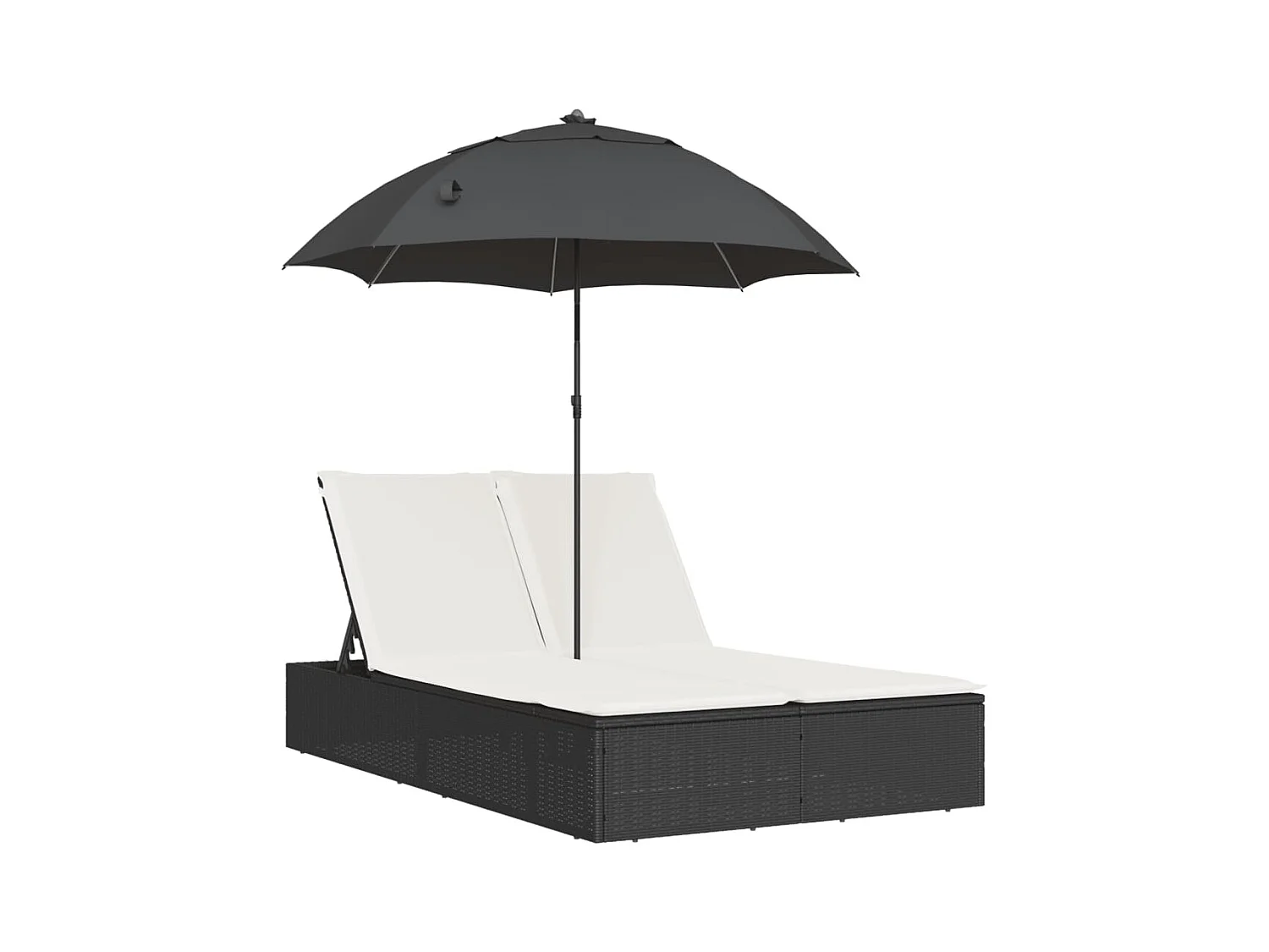 Chaise longue doble con cojines y sombrilla de resina tejida negra