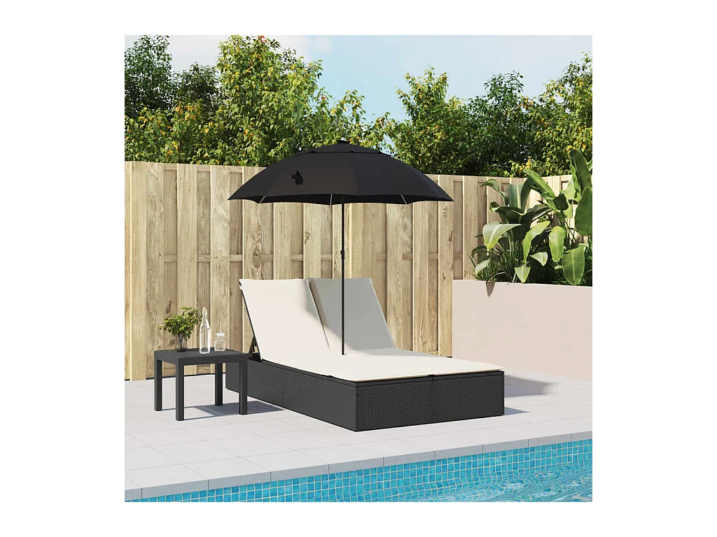 Chaise longue doble con cojines y sombrilla de resina tejida negra