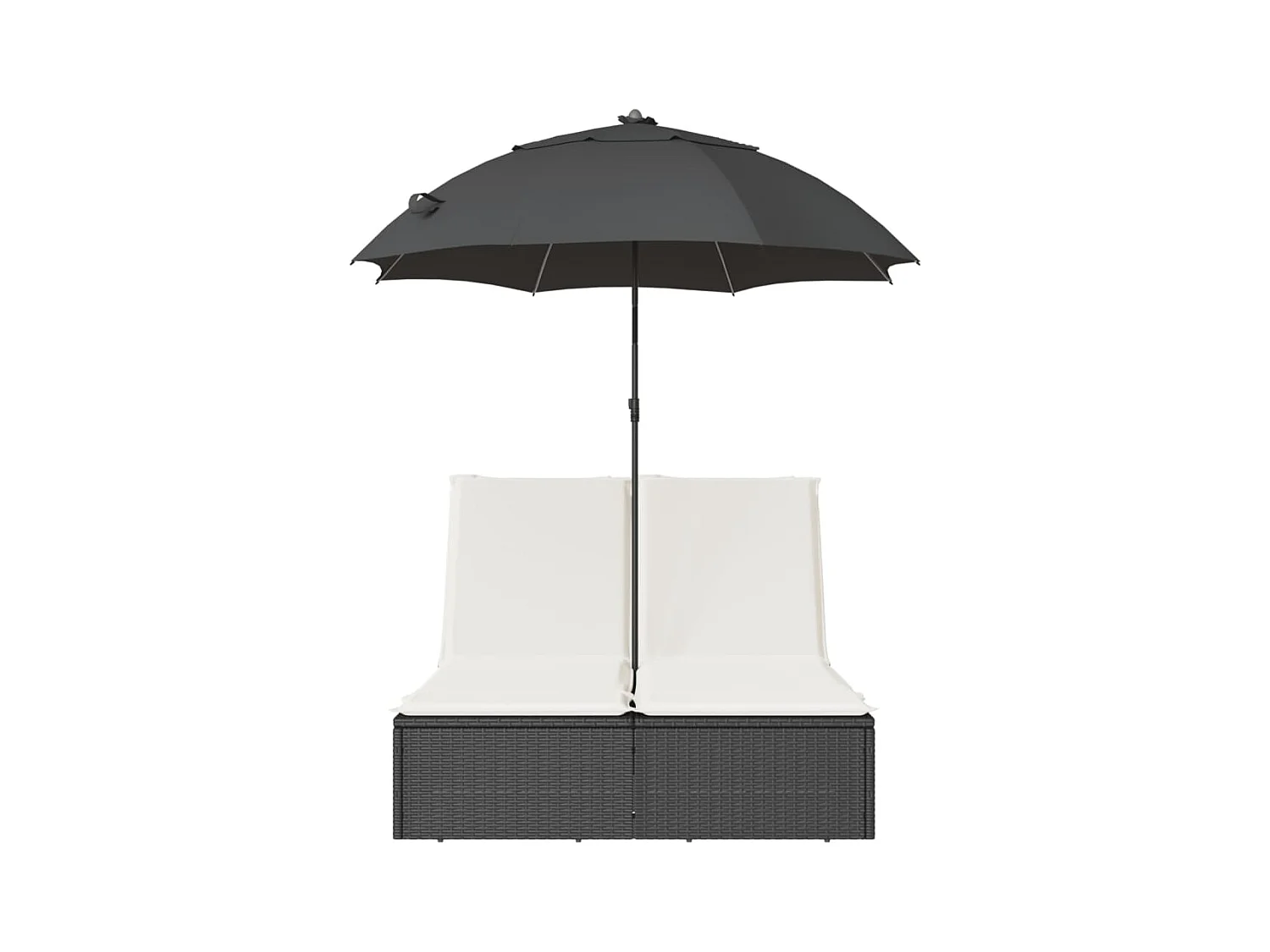 Chaise longue doble con cojines y sombrilla de resina tejida negra