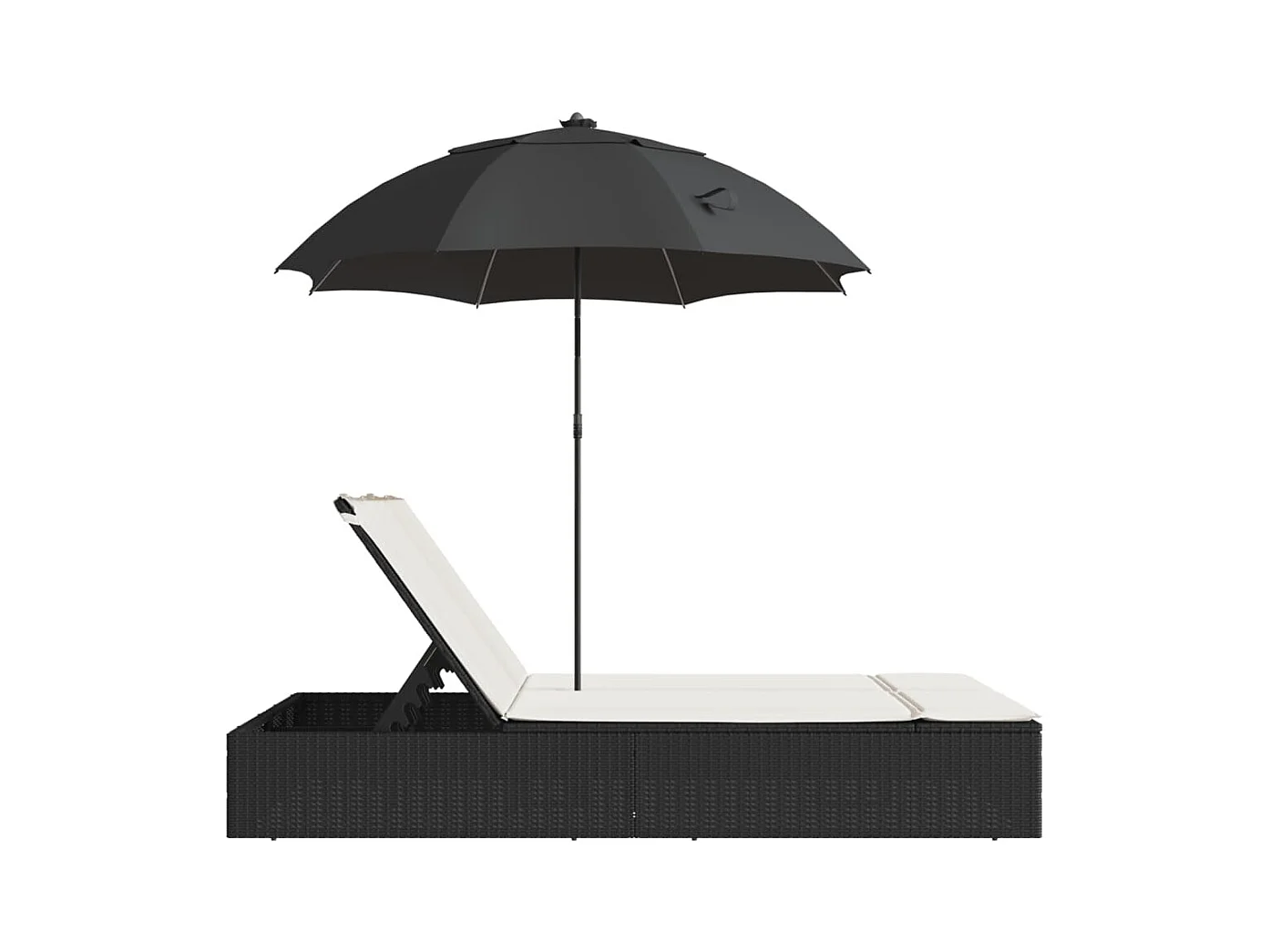 Chaise longue doble con cojines y sombrilla de resina tejida negra