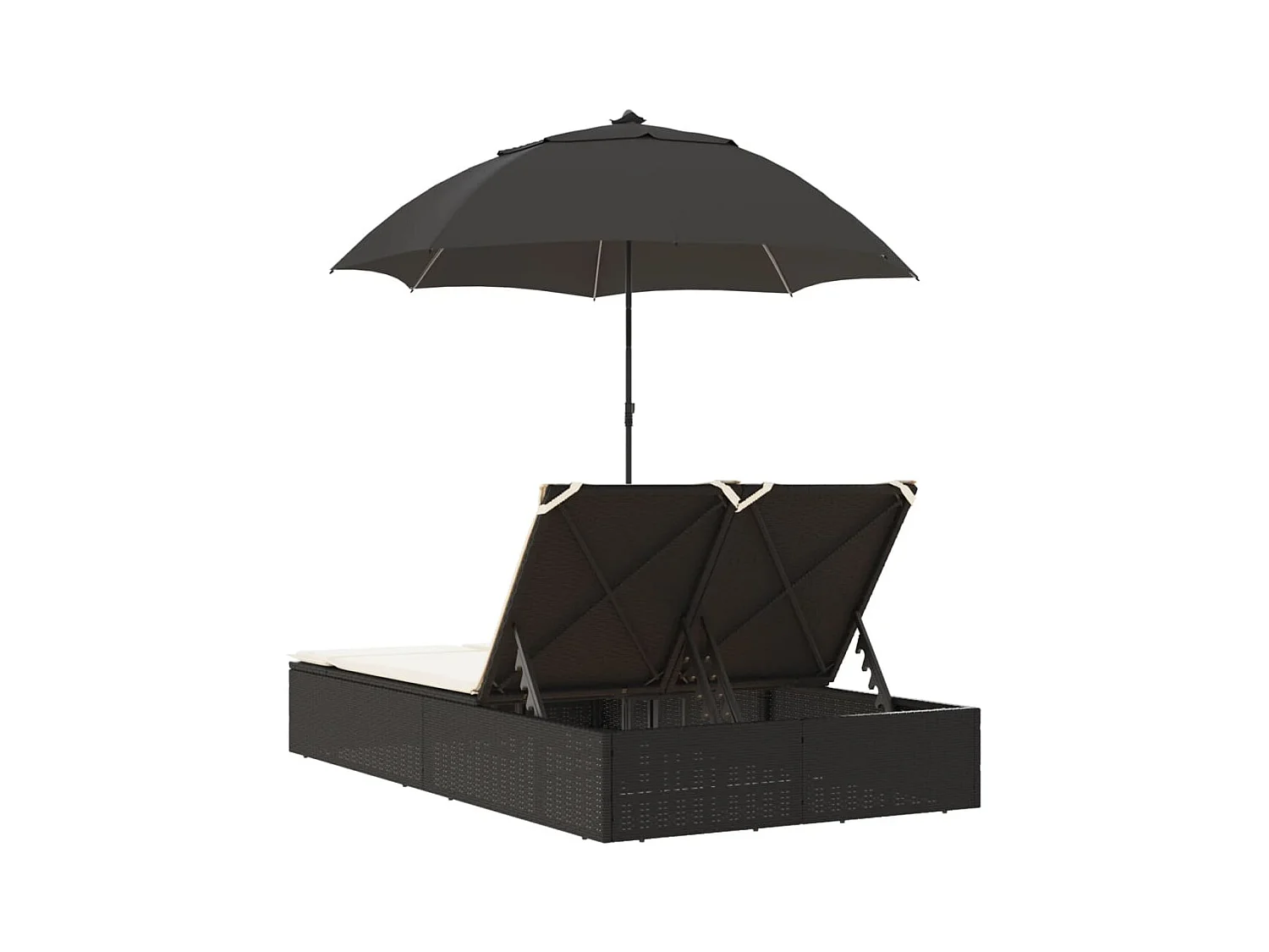 Chaise longue doble con cojines y sombrilla de resina tejida negra