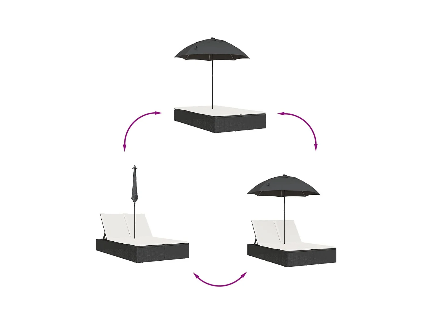 Chaise longue doble con cojines y sombrilla de resina tejida negra