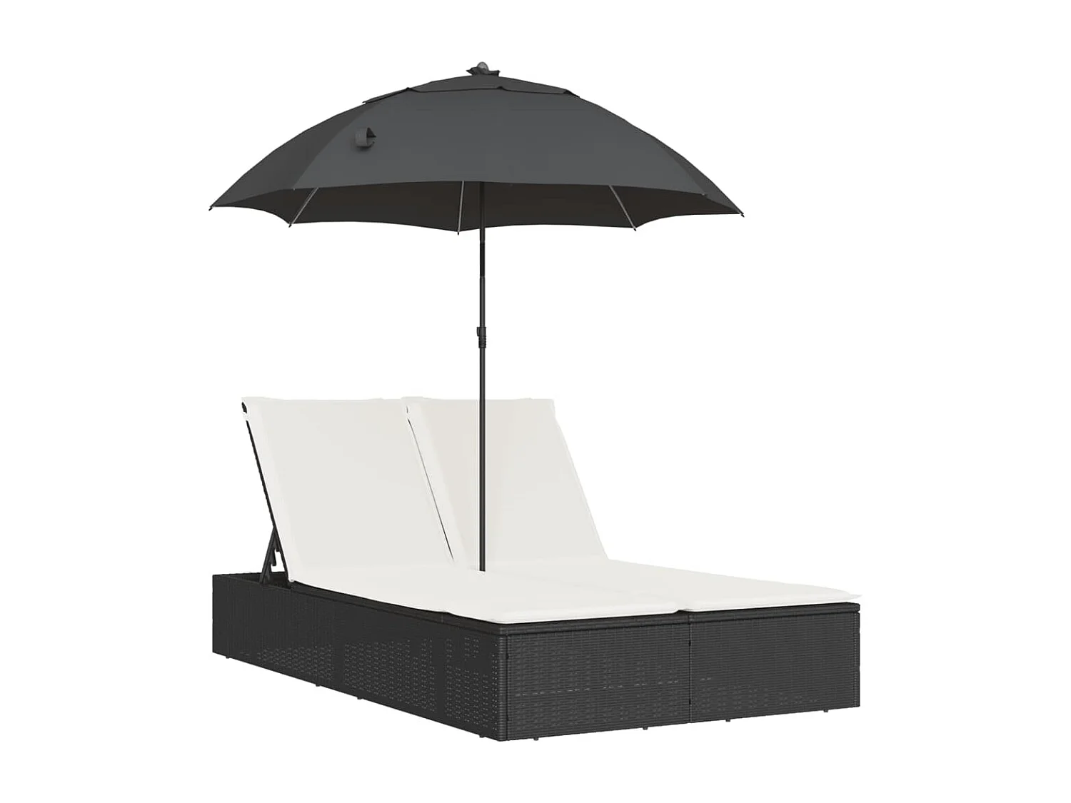 Chaise longue doppia con cuscini e ombrellone in resina intrecciata nera