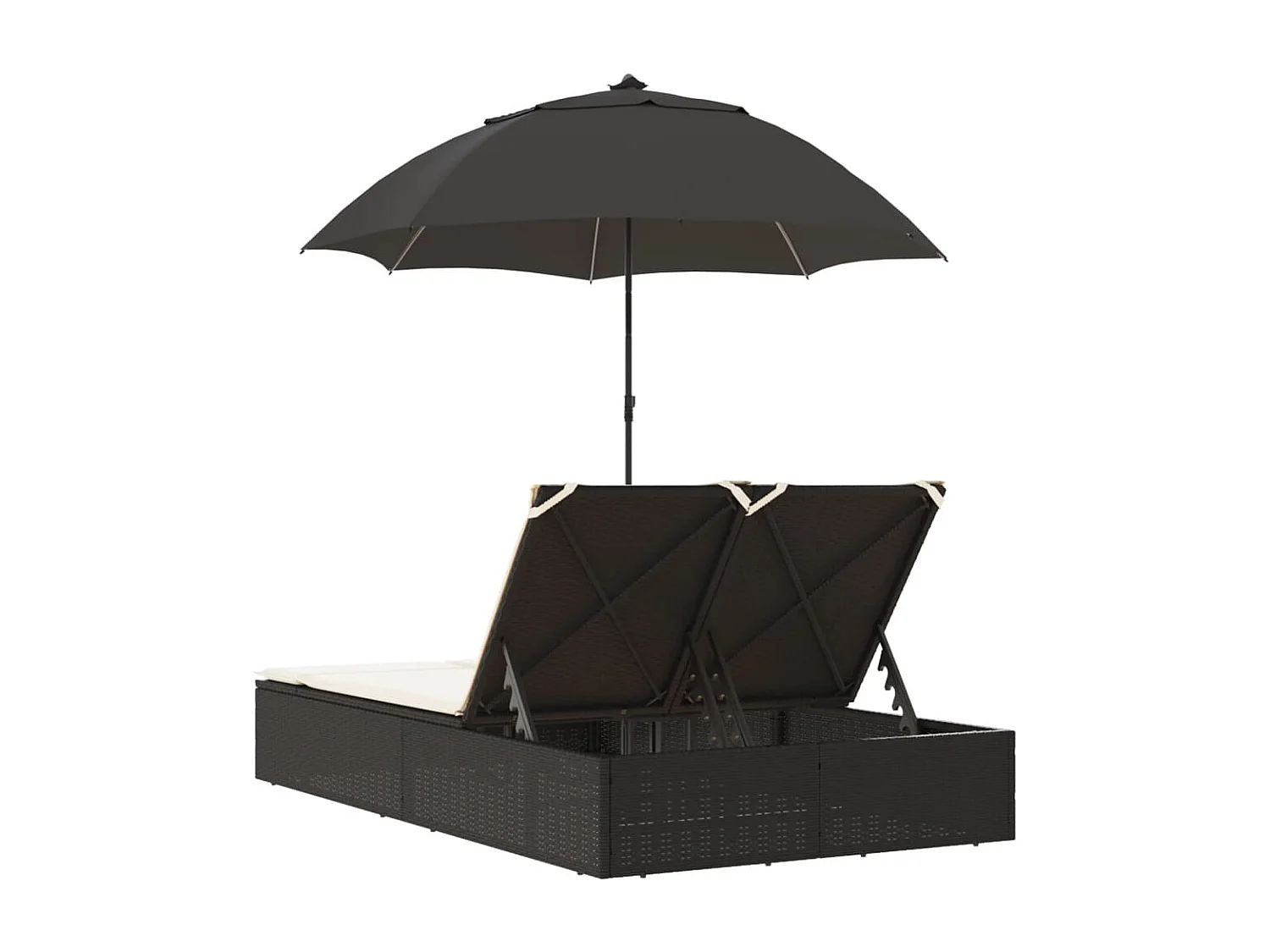 Chaise longue doppia con cuscini e ombrellone in resina intrecciata nera