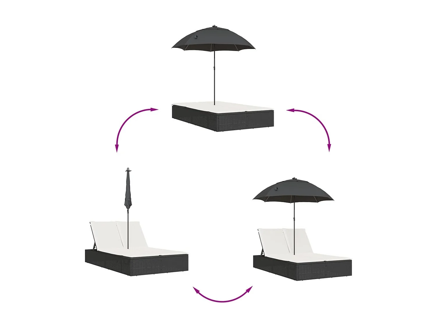 Chaise longue doppia con cuscini e ombrellone in resina intrecciata nera