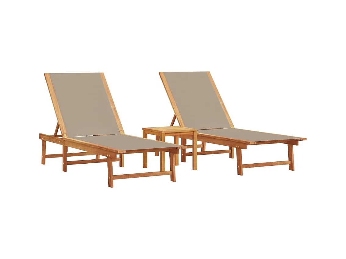2er-Set Liegestühle mit taupefarbenem Tisch aus Akazienholz und Textilene