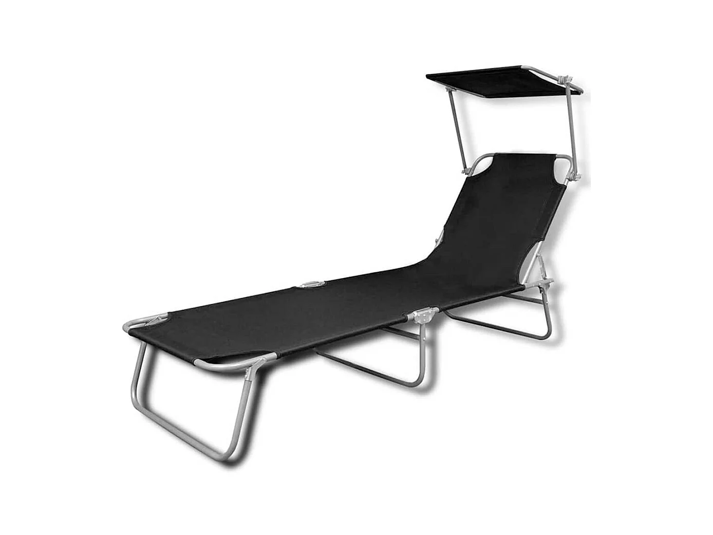 Chaise longue pliable avec auvent acier et tissu noir