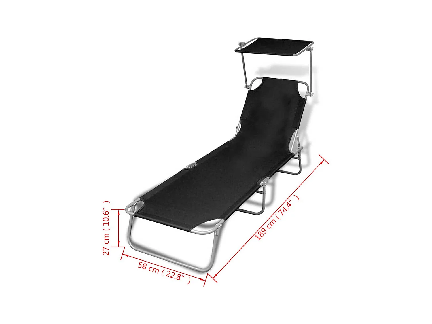 Chaise longue pliable avec auvent acier et tissu noir