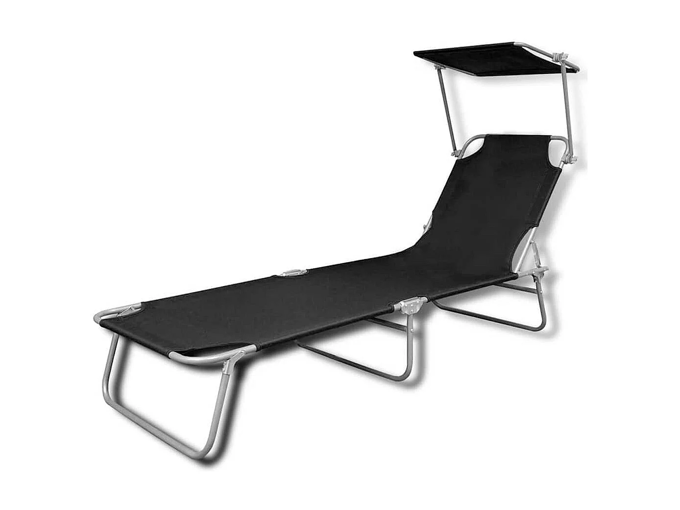 Chaise longue pliable avec auvent acier et tissu noir