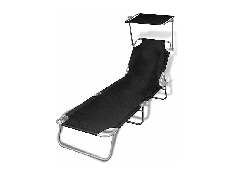Chaise longue pliable avec auvent acier et tissu noir