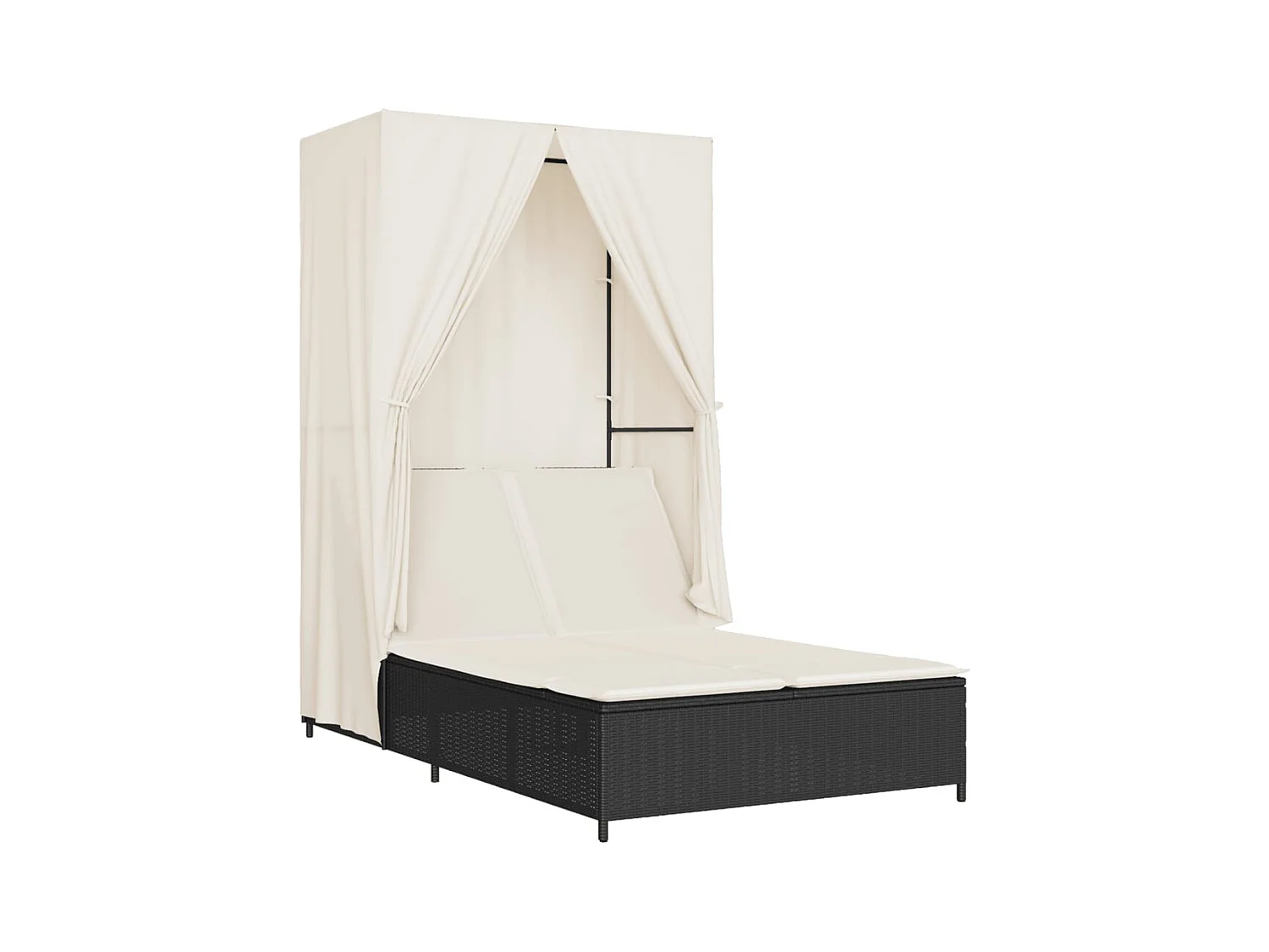 Chaise longue doble con techo y cortinas negras en resina tejida