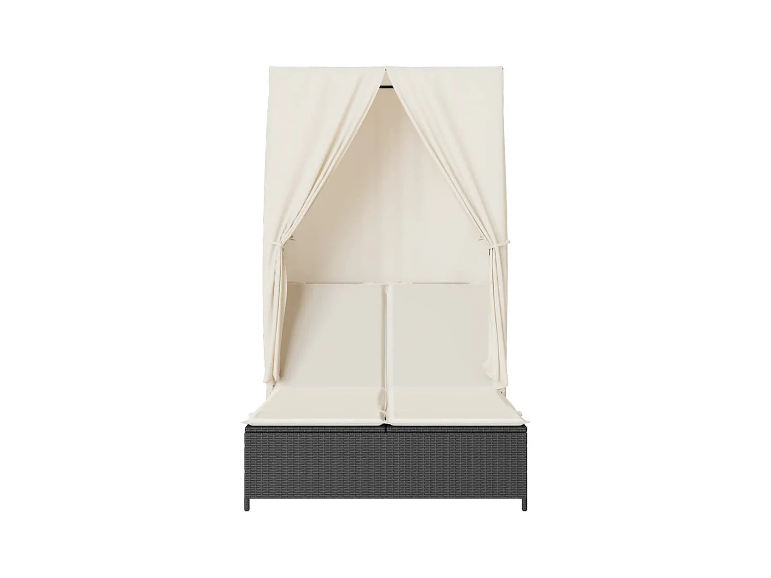 Chaise longue doble con techo y cortinas negras en resina tejida