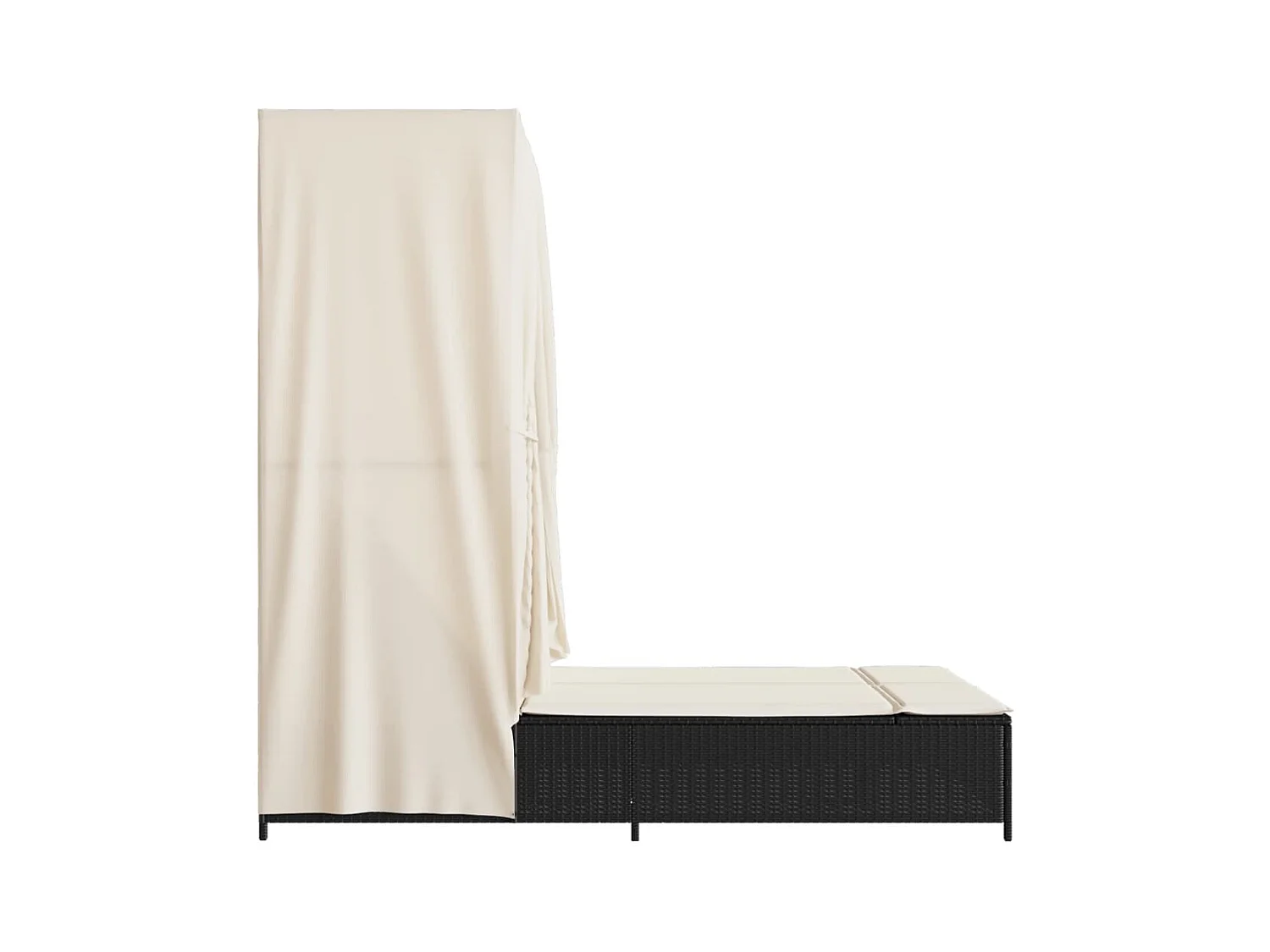 Chaise longue doble con techo y cortinas negras en resina tejida