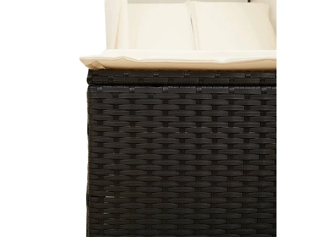 Chaise longue doble con techo y cortinas negras en resina tejida