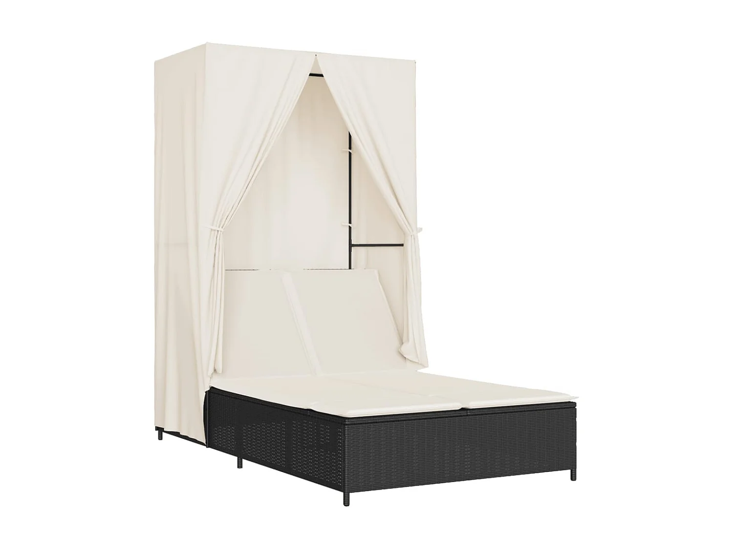 Chaise longue doble con techo y cortinas negras en resina tejida