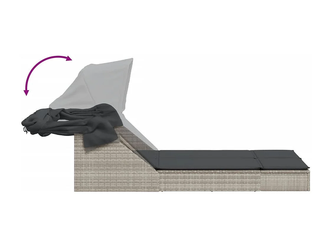 Chaise longue doble con dosel y cojines de ratán gris claro