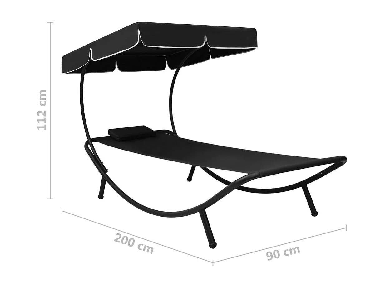 Lit de repos d'extérieur avec auvent et oreiller Noir