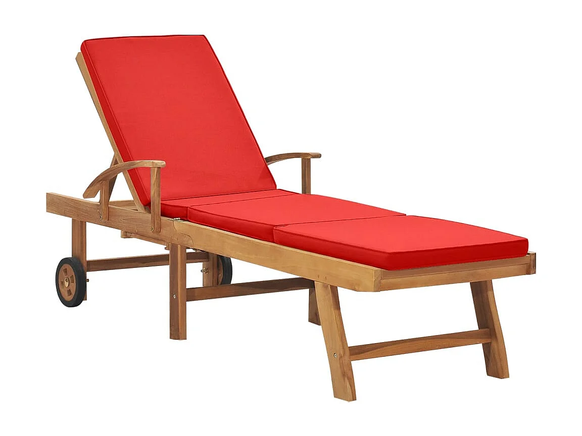 Chaise longue avec coussin Bois de teck solide Rouge