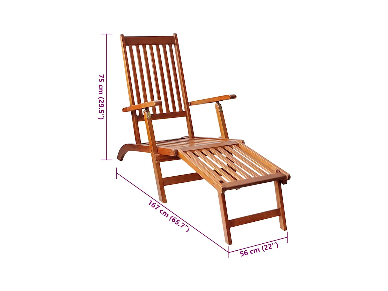 Chaise longue d'extérieur repose-pied et coussin Acacia solide