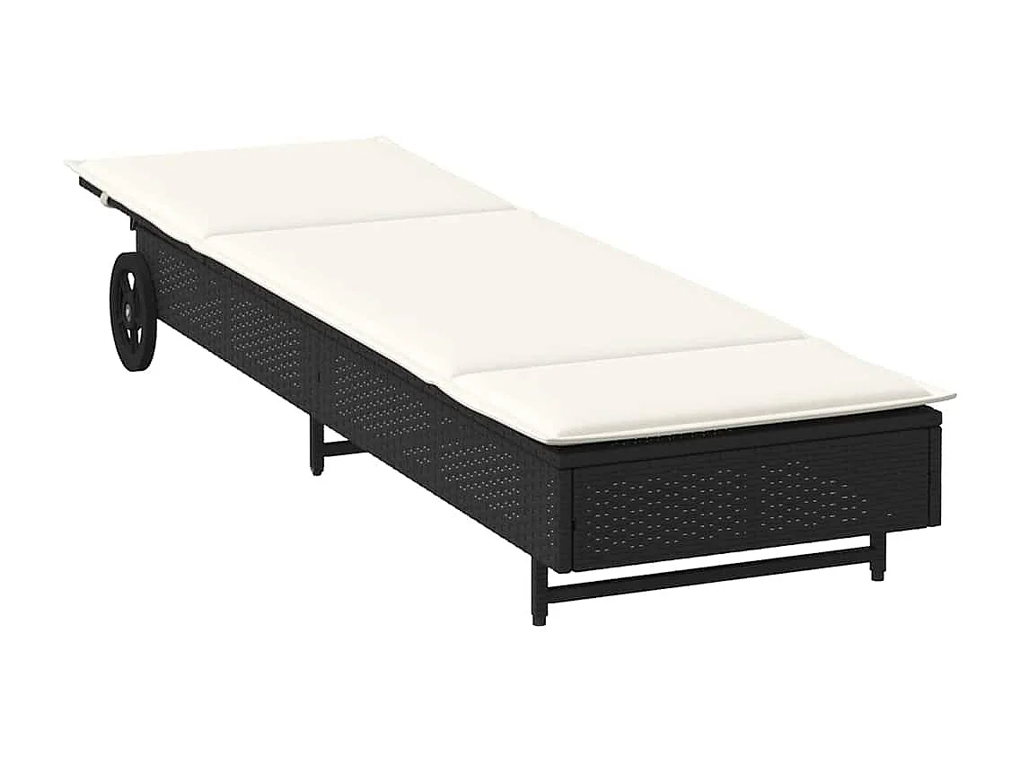 Chaise longue avec roues et coussin noir résine tressée