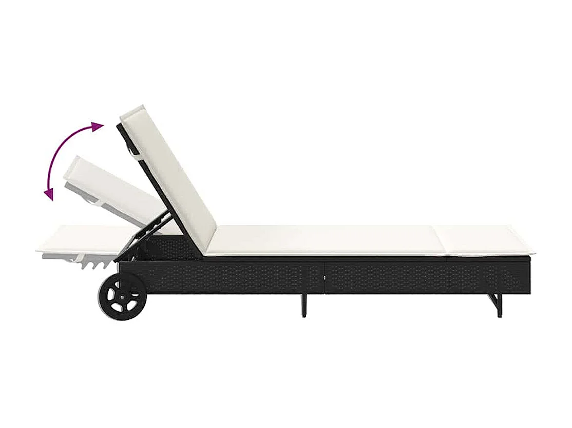Chaise longue avec roues et coussin noir résine tressée
