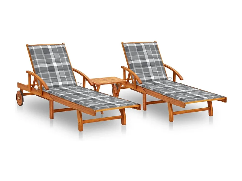 Set van 2 ligstoelen met tafel en kussens Massief acacia