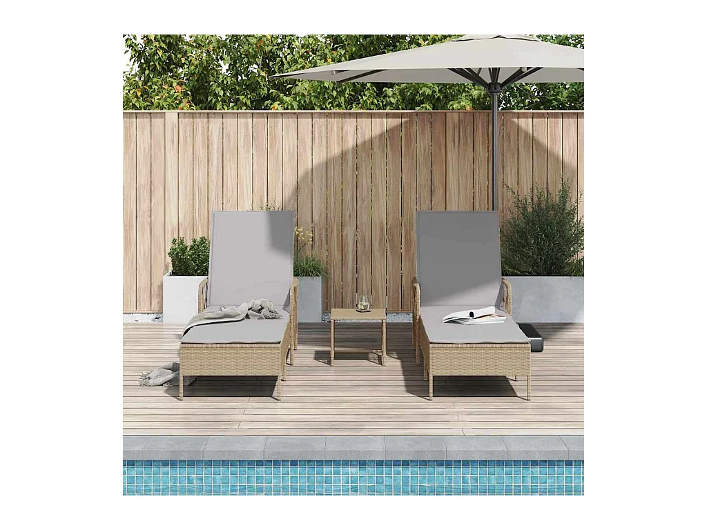 Fauteuils de jardin - 2 pièces avec coussins et table en poly rattan beige.