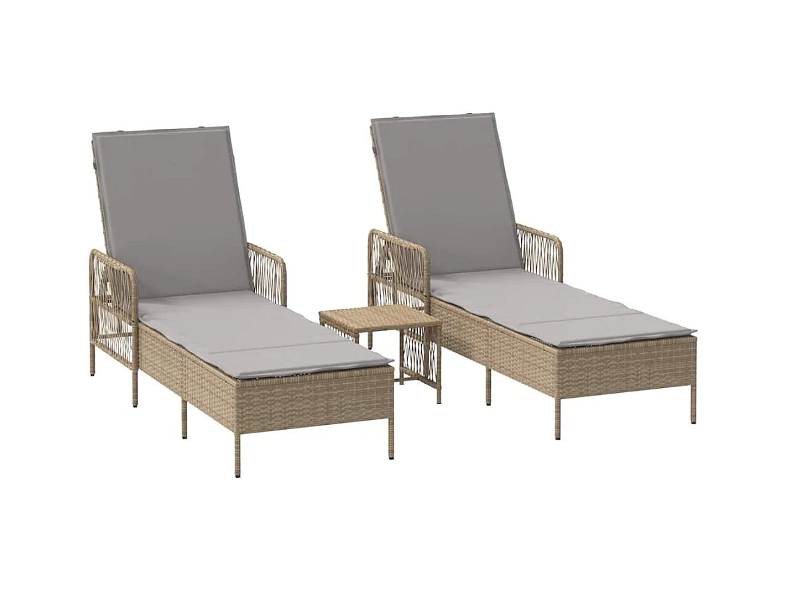 Fauteuils de jardin - 2 pièces avec coussins et table en poly rattan beige.