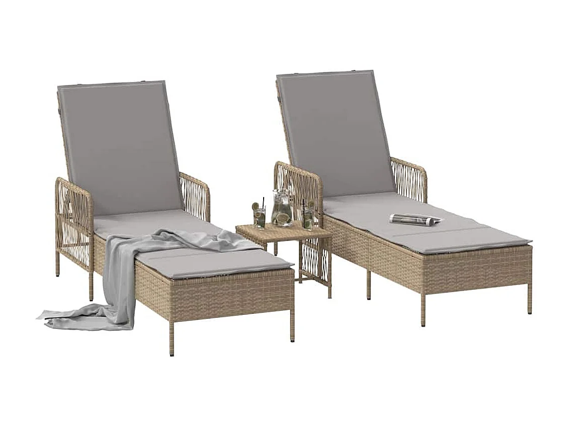 Fauteuils de jardin - 2 pièces avec coussins et table en poly rattan beige.